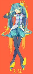 Rule 34 | 1girl, :d, ^ ^, blue hair, blue necktie, blue skirt, closed eyes, crossed legs, crown, dated, detached sleeves, doodle, full body, grey shirt, hand in own hair, happy, hatsune miku, long hair, lucarios, necktie, open mouth, red background, shirt, simple background, sitting, skirt, sleeveless, sleeveless shirt, smile, solo, star (symbol), thighhighs, twintails, very long hair, vocaloid