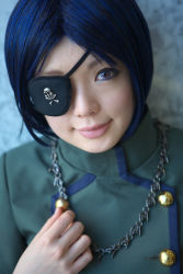 Rule 34 | 1girl, asian, blue hair, blurry, chrome dokuro, color contacts, cosplay, depth of field, eyepatch, female focus, highres, jewelry, katekyo hitman reborn!, looking at viewer, makeup, mascara, namada, necklace, photo (medium), short hair, skull and crossbones, smile, solo, uniform