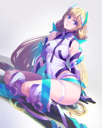 Rule 34 | 1girl, absurdres, angela balzac, armor, blonde hair, blue eyes, breasts, eyes visible through hair, faulds, from side, full body, gorget, greaves, grey background, halterneck, highres, hip focus, leaning to the side, legs together, leotard, long hair, looking at viewer, low twintails, medium breasts, moruga, parted lips, pink background, rakuen tsuihou, see-through, simple background, sitting, skin tight, solo, thigh strap, thighs, twintails, very long hair
