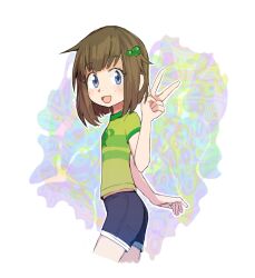 Rule 34 | 1girl, :d, alice sawyer (artist), blue eyes, blue shorts, brown hair, freckles, green shirt, indie virtual youtuber, lily hopkins, looking at viewer, open mouth, shirt, short sleeves, shorts, smile, solo, v, virtual youtuber