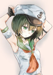 Rule 34 | 1girl, adapted costume, anchor symbol, armpits, arms up, averting eyes, beige background, black gloves, blush, breasts, collarbone, commentary request, detached sleeves, fingerless gloves, gloves, green eyes, green hair, green sailor collar, hair between eyes, hat, highres, looking down, murasa minamitsu, neckerchief, parted lips, red neckerchief, sailor collar, sailor hat, sailor shirt, shirt, short hair, single detached sleeve, small breasts, solo, touhou, upper body, white hat, white shirt, white sleeves, yohane