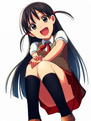 Rule 34 | 1girl, :d, asada hachi, black hair, black socks, blurry, brown vest, collared shirt, commentary request, convenient leg, dated commentary, depth of field, feet out of frame, hair tie, happy, kneehighs, long hair, looking at viewer, open mouth, pleated skirt, red neckwear, red ribbon, red skirt, ribbon, school rumble, shirt, short sleeves, simple background, sitting, skirt, smile, socks, solo, tsukamoto tenma, twitter username, two side up, very long hair, vest, watermark, white background, white shirt