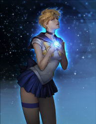 Rule 34 | 1girl, absurdres, artist request, back bow, bare legs, bishoujo senshi sailor moon, black bow, black bowtie, black nails, black sailor collar, blonde hair, blouse, blue bow, blue eyes, blue skirt, body writing, bow, bowtie, breasts, choker, earrings, female focus, glowing, half-closed eyes, hands on own chest, highres, jewelry, large bow, legband, legs, looking at viewer, magical girl, medium breasts, mole, mole on cheek, nail polish, neck, necklace, night, night sky, nose, open mouth, outer senshi, own hands together, pleated skirt, sailor collar, sailor uranus, shirt, short hair, skirt, sky, solo, standing, star (sky), star (symbol), star necklace, starry sky, super sailor uranus, ten&#039;ou haruka, white shirt, yellow bow, yellow bowtie