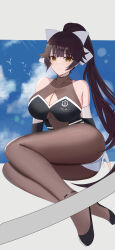 Rule 34 | 1girl, absurdres, ass, asyux, azur lane, bare shoulders, bird, black footwear, black leotard, blue sky, bodystocking, bow, breasts, brown hair, cleavage cutout, clothing cutout, full body, highres, large breasts, leotard, long hair, looking at viewer, multicolored leotard, official alternate costume, see-through, shoes, sitting, sky, solo, stomach cutout, takao (azur lane), takao (full throttle charmer) (azur lane), two-tone leotard, white bird, white bow, white leotard, yellow eyes