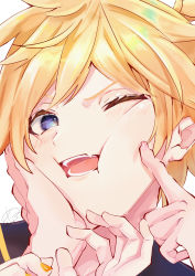 Rule 34 | 1boy, absurdres, annoyed, blonde hair, blush, cheek poking, cheek press, eyelashes, fang, hand on another&#039;s cheek, hand on another&#039;s face, hands up, highres, inubangarou, kagamine len, looking at viewer, male focus, nail polish, one eye closed, open mouth, orange nails, out of frame, poking, portrait, pov, pov hands, short hair, signature, simple background, skin fang, solo focus, tongue, vocaloid, white background