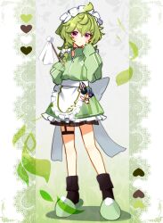Rule 34 | 1girl, ahoge, alternate costume, apron, black socks, bow, braid, brown skirt, closed mouth, collei (genshin impact), color guide, commentary request, enmaided, frilled apron, frills, full body, garter straps, genshin impact, green footwear, green hair, green jacket, hands up, highres, holding, jacket, jersey maid, long hair, long sleeves, looking at viewer, maid, maid headdress, single braid, single garter strap, skirt, sleeves past wrists, slippers, socks, solo, sweatdrop, unconventional maid, utori (tanakautori), waist apron, white apron, white bow