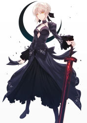 Rule 34 | &gt;:(, 1girl, absurdres, arm at side, artoria pendragon (all), artoria pendragon (fate), bad id, bad pixiv id, black dress, black footwear, black ribbon, blonde hair, breasts, cleavage, closed mouth, commentary request, crescent, dress, excalibur morgan (fate), fate/stay night, fate (series), frilled sleeves, frills, full body, glowing, glowing sword, glowing weapon, hair bun, hair ribbon, halter dress, halterneck, highres, huge filesize, long sleeves, looking at viewer, medium breasts, neon (hhs9444), orange eyes, ribbon, saber alter, serious, short hair, sidelocks, single hair bun, solo, standing, symbol-only commentary, v-shaped eyebrows, weapon, white background
