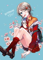 Rule 34 | 1girl, ;d, bag, blue background, blue eyes, blush, brown footwear, brown hair, character name, collared shirt, emblem, flower, food, full body, hair ornament, hairclip, heart, heart hair ornament, hyugo, jacket, kneehighs, loafers, long hair, long sleeves, looking at viewer, love live!, love live! school idol festival, love live! sunshine!!, low ponytail, miniskirt, necktie, off shoulder, one eye closed, open clothes, open jacket, open mouth, orange shirt, petals, pink flower, plaid, plaid skirt, pleated skirt, pocky, red necktie, red skirt, red socks, school bag, school uniform, shiny skin, shirt, shoes, sitting, skirt, smile, socks, solo, tareme, thighs, unbuttoned, watanabe you, white jacket, wing collar