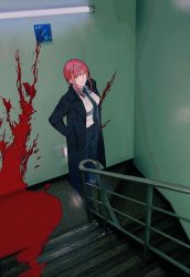 Rule 34 | 1girl, black necktie, blood, blood splatter, breasts, chainsaw man, collared shirt, formal, from above, highres, long hair, looking at viewer, makima (chainsaw man), medium breasts, nagisa no cherii, necktie, orange eyes, red hair, shirt, smile, solo, stairs, standing, suit, white shirt, wide shot