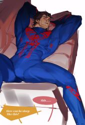 Rule 34 | 1boy, absurdres, arms behind head, artist request, bara, blue bodysuit, bodysuit, brown hair, bulge, couch, covered abs, dark-skinned male, dark skin, english text, hair slicked back, highres, large pectorals, lying, male focus, marvel, mature male, miguel o&#039;hara, muscular, muscular male, on back, pectorals, print bodysuit, red bodysuit, short hair, sideburns, sleeping, solo, spider-man: across the spider-verse, spider-man (series), spider-verse, spread legs, thick eyebrows, two-tone bodysuit, unfinished