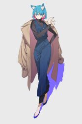 Rule 34 | 1girl, animal ears, black shirt, blue eyes, blue hair, blue overalls, brown coat, cat ears, coat, full body, hand on own hip, highres, looking at viewer, machi (wm), multicolored hair, open clothes, open coat, original, overalls, parted lips, pink hair, shadow, shirt, short hair, simple background, standing, two-tone hair, white background