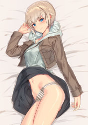Rule 34 | 1girl, arm at side, arm up, ass, blonde hair, blue eyes, blush, brown jacket, collarbone, commentary, ear blush, frame arms girl, gourai, highres, hood, hoodie, jacket, looking at viewer, lying, navel, on side, panties, shiny skin, short hair, sigm@, skirt, solo, striped clothes, striped panties, underwear