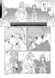 Rule 34 | 2girls, aoi nagisa, blowing in ear, breasts, cleavage, comic, couch, hanazono shizuma, holding, holding pillow, jewelry, medium breasts, monochrome, multiple girls, necklace, nejirin (tenneji), pillow, sitting, strawberry panic!, television, translation request, trembling, watching television