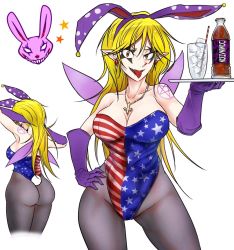Rule 34 | 1girl, alternate costume, american flag, american flag leotard, animal ears, armpits, arms behind head, ass, bare shoulders, blonde hair, bottle, breasts, carrying, cleavage, clownpiece, collarbone, commentary request, contrapposto, crescent, cropped legs, cross, cup, diamond earrings, drinking glass, drinking straw, ear piercing, earrings, elbow gloves, facial tattoo, fairy wings, fake animal ears, fake tail, from behind, gloves, groin, hand on own hip, ice, inverted cross, jewelry, large breasts, leotard, long hair, necklace, aged up, open mouth, orange eyes, pale skin, pantyhose, pentagram, piercing, pink wings, playboy bunny, pointy ears, polka dot, purple gloves, rabbit ears, rabbit tail, ryuuichi (f dragon), sharp teeth, shoulder tattoo, smile, smirk, solo, standing, star-shaped pupils, star (symbol), symbol-shaped pupils, tail, tattoo, teeth, tongue, tongue out, touhou, tray, wide hips, wings