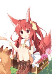 Rule 34 | 1girl, :d, animal, animal ears, bare arms, blush, boots, bow, brown footwear, brown shirt, commentary request, cross-laced footwear, fang, flower, fox, fox ears, fox girl, fox tail, hair between eyes, hair ribbon, hand on own knee, highres, kushida you, lace-up boots, looking away, open mouth, original, pink flower, plant, red eyes, red hair, ribbon, sailor collar, shirt, sitting, sitting on object, skirt, sleeveless, sleeveless shirt, smile, solo, suitcase, tail, white background, white bow, white sailor collar, white skirt, yellow ribbon