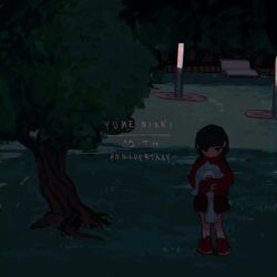 Rule 34 | 1girl, anniversary, bench, black eyes, black hair, black skirt, blush stickers, braid, commentary, copyright name, creature, dark, expressionless, forest, grass, hasu art, highres, holding, holding creature, jitome, lamppost, long hair, long sleeves, looking down, madotsuki, nature, no mouth, outdoors, park, park bench, red sweater, shoes, skirt, socks, solo, standing, sweater, tree, turtleneck, turtleneck sweater, twin braids, unusually open eyes, white socks, wide shot, yume nikki
