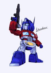 Rule 34 | 1boy, absurdres, artist name, autobot, blue eyes, chibi, commentary, english commentary, gun, highres, holding, holding gun, holding weapon, lizardsaur, looking up, mecha, no humans, optimus prime, robot, solo, transformers, weapon