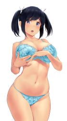 Rule 34 | 1girl, alternate costume, blue bra, blue eyes, blue hair, bra, breasts, cleavage, collarbone, cowboy shot, dark blue hair, hair between eyes, hair ribbon, highres, kantai collection, large breasts, looking at viewer, medium hair, navel, open mouth, ribbon, simple background, solo, souryuu (kancolle), stomach, surprised, thighs, twintails, underwear, underwear only, wa (genryusui), white background