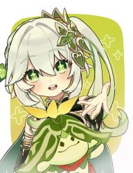 Rule 34 | 1girl, bare shoulders, blush, bright pupils, cape, commentary request, cropped torso, cross-shaped pupils, dot nose, genshin impact, gold trim, green cape, green eyes, hair ornament, highres, leaf hair ornament, lingo 312, looking at viewer, nahida (genshin impact), open mouth, reaching, reaching towards viewer, side ponytail, symbol-shaped pupils, teeth, upper body, upper teeth only, white hair