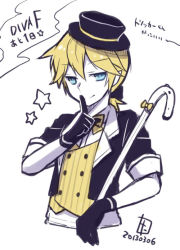 Rule 34 | 1boy, blonde hair, blue eyes, cane, dated, finger to mouth, gloves, hat, kagamine len, looking at viewer, male focus, project diva, project diva (series), project diva f, short hair, simple background, smile, solo, star (symbol), tamura hiro, translation request, vocaloid, white background, yumekui shirokuro baku (vocaloid)