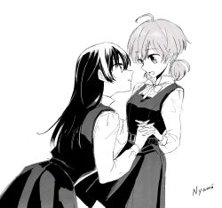 Rule 34 | 2girls, blush, couple, dress, eye contact, greyscale, happy, height difference, highres, holding hands, interlocked fingers, koito yuu, long hair, looking at another, monochrome, multiple girls, nanami touko, neck ribbon, nyamo, open mouth, pinafore dress, ribbon, school uniform, short hair, short twintails, simple background, skirt, sleeveless dress, smile, twintails, uniform, white background, yagate kimi ni naru, yuri