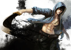 Rule 34 | 1boy, abs, absurdres, belt, black eyes, black hair, black pants, blade, blood, breast tattoo, cowboy shot, highres, holding, holding sword, holding weapon, hood, hooded jacket, hoodie, jacket, looking at viewer, male focus, medium hair, open clothes, open jacket, open mouth, original, paint splatter, pants, pectorals, saber (weapon), sai foubalana, sheath, sheathed, slashing, solo, sword, tattoo, topless male, weapon