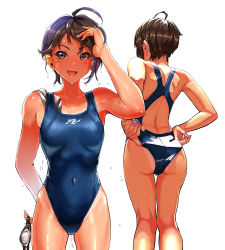 Rule 34 | 1girl, adjusting clothes, adjusting swimsuit, ahoge, ass, back cutout, black hair, blue eyes, blue one-piece swimsuit, clothing cutout, competition swimsuit, covered navel, cowboy shot, goggles, unworn goggles, hand in own hair, highleg, highleg swimsuit, highres, holding, holding goggles, kilesha, logo, looking at viewer, mole, mole under eye, multiple views, one-piece swimsuit, original, short hair, simple background, smile, standing, swept bangs, swim cap, unworn swim cap, swimsuit, tan, tanline, water drop, wet, wet hair, white background