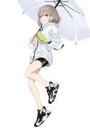 Rule 34 | 1girl, absurdres, bag, bare legs, black footwear, black shorts, blue eyes, brown hair, earrings, expressionless, fanny pack, from side, full body, green bag, hand in pocket, high tops, highres, holding, holding umbrella, idolmaster, idolmaster shiny colors, jacket, jewelry, jumping, leg up, long sleeves, looking at viewer, nanowise, parted lips, serizawa asahi, shoes, short hair, shorts, simple background, sneakers, solo, umbrella, white background, white jacket, white umbrella