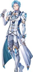 Rule 34 | 1boy, achan (blue semi), arm at side, armor, armpit cutout, asymmetrical hair, blue hair, blue shirt, blue vest, boots, brooch, ciriaer (eternal tree), clenched hand, clothing cutout, coat, cuffs, eternal tree, feet out of frame, gloves, grey thighhighs, hand up, jewelry, knee boots, lace-up legwear, lapels, long sleeves, looking at viewer, male focus, medium hair, monocle, necktie, official art, pants, parted bangs, poleyn, shirt, shoulder armor, smile, solo, standing, striped clothes, striped shirt, tassel, thighhighs, third-party source, transparent background, vertical-striped clothes, vertical-striped shirt, vest, white coat, white footwear, white gloves, white necktie, white pants, yellow eyes