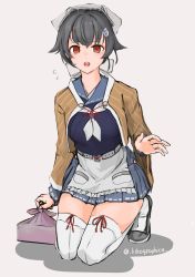 Rule 34 | 1girl, absurdres, apron, bandana, bento, black hair, blue sailor collar, blue skirt, brown shawl, flying sweatdrops, hair ornament, hair ribbon, highres, jingei (kancolle), kantai collection, kneeling, lithographica, long sleeves, pleated skirt, red eyes, ribbon, sailor collar, shadow, shawl, simple background, skirt, solo, sweat, thighhighs, twitter username, white apron, white thighhighs
