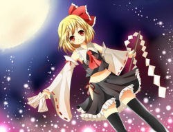 Rule 34 | 1girl, blonde hair, bow, cosplay, detached sleeves, embodiment of scarlet devil, female focus, full moon, hair bow, hakurei reimu, hakurei reimu (cosplay), japanese clothes, looking at viewer, mesoso, miko, moon, red eyes, rumia, short hair, skirt, smile, solo, thighhighs, touhou