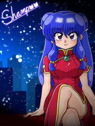 Rule 34 | 1girl, :&gt;, bell, character name, china dress, chinese clothes, crossed legs, double bun, dress, gradient background, hair bun, hair ornament, long hair, official style, purple eyes, purple hair, ranma 1/2, shampoo (ranma 1/2), sitting, sky, solo, star (sky), starry sky, wanta (futoshi)