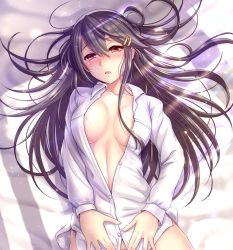 Rule 34 | 1girl, alternate costume, black hair, blush, breasts, brown eyes, female pubic hair, hair ornament, hairband, hairclip, haruna (kancolle), kantai collection, large breasts, long hair, looking at viewer, lying, no pants, on back, open clothes, open mouth, open shirt, pubic hair, ryu-akt, shirt, solo, white hairband, white shirt