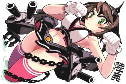 Rule 34 | 10s, 1girl, anchor, breasts, brown hair, cannon, chain, gashi-gashi, gloves, green eyes, headgear, kantai collection, microskirt, midriff, mutsu (kancolle), navel, paw pose, red thighhighs, short hair, sideboob, skirt, solo, thighhighs, wet, white gloves