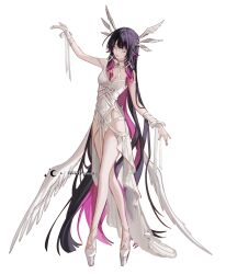 Rule 34 | 1girl, arm up, artist name, black hair, closed eyes, columbina (genshin impact), commentary, dress, full body, genshin impact, highres, long hair, multicolored hair, nevercrymoon, pelvic curtain, pink hair, shoes, simple background, smile, solo, two-tone hair, very long hair, white background, white dress, white footwear