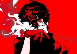 1boy amamiya_ren arm_up black-framed_eyewear black_hair black_shirt collared_shirt commentary_request copyright_name curly_hair eyelashes glasses gloves highres limited_palette looking_at_viewer male_focus one_eye_covered palmar_flexion persona persona_5 red_background red_eyes red_gloves shirt short_hair smile smoke solo straight-on upper_body yuziwen025