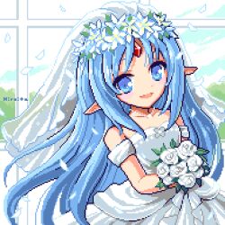 Rule 34 | 1girl, blue eyes, blue hair, bouquet, bridal veil, dress, flower, forehead jewel, head wreath, hiroita, holding, holding bouquet, jewelry, looking at viewer, necklace, pixel art, pointy ears, rance (series), reset kalar, smile, solo, veil, wedding dress, white dress, white flower