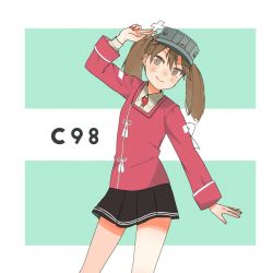 Rule 34 | 1girl, annin musou, black skirt, brown hair, commentary request, japanese clothes, kantai collection, kariginu, leaning to the side, long hair, looking at viewer, magatama, outstretched arms, pleated skirt, red shirt, ryuujou (kancolle), shikigami, shirt, skirt, solo, twintails, two-tone background, visor cap