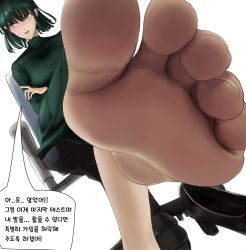 Rule 34 | 1girl, absurdres, barefoot, blush, chair, crossed arms, feet, foot focus, footer@unyaaan, fubuki (one-punch man), green eyes, green hair, highres, looking away, medium hair, office chair, one-punch man, pov, shoes, unworn shoes, single shoe, sitting, soles, swivel chair, toes, translated