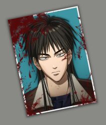 Rule 34 | 1boy, black hair, black shirt, blood, blood splatter, bomber jacket, brown jacket, closed mouth, commentary request, expressionless, grey background, grey eyes, itou kaiji, jacket, kaiji, korean commentary, long hair, looking at viewer, ma0b00, male focus, photo (object), shirt, sidelocks, solo, upper body