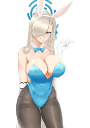 Rule 34 | 1girl, animal ears, aqua leotard, asuna (blue archive), asuna (bunny) (blue archive), blue archive, blue bow, blue bowtie, blue eyes, bow, bowtie, breasts, brown pantyhose, cleavage, cowboy shot, detached collar, fake animal ears, gloves, hair over one eye, halo, highleg, highleg leotard, highres, large breasts, leotard, light brown hair, long hair, mole, mole on breast, pantyhose, playboy bunny, rabbit ears, ranhatu, solo, strapless, strapless leotard, swept bangs, traditional bowtie, very long hair, white background, white gloves