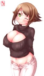 Rule 34 | 10s, 1girl, alternate costume, arms behind back, black sweater, blush, breasts, brown hair, brown pants, cleavage, cleavage cutout, clothing cutout, covered erect nipples, cowboy shot, dated, denim, highres, jeans, kanon (kurogane knights), kantai collection, large breasts, long sleeves, looking at viewer, meme attire, midriff, mutsu (kancolle), navel, one eye closed, open-chest sweater, pants, short hair, simple background, smile, solo, standing, sweater, upper body, white background