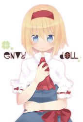 Rule 34 | 1girl, alice margatroid, ascot, blonde hair, blue eyes, dress, female focus, hairband, hand on own chest, oinari (tensaizoku), simple background, solo, touhou, white background