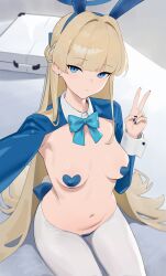 Rule 34 | 1girl, absurdres, animal ears, blonde hair, blue archive, blue eyes, blush, bow, bowtie, braid, breasts, covered erect nipples, fake animal ears, french braid, halo, heart maebari, heart pasties, highres, leotard, long hair, looking at viewer, maebari, medium breasts, meme attire, navel, pantyhose, pasties, playboy bunny, rabbit ears, rabbit tail, revealing clothes, reverse bunnysuit, reverse outfit, shrug (clothing), siu hing5262, tail, thighs, toki (blue archive), toki (bunny) (blue archive), white pantyhose, wrist cuffs