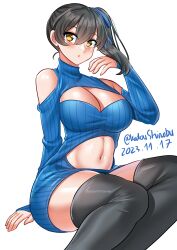 Rule 34 | 1girl, absurdres, alternate costume, artist name, black hair, black thighhighs, blue dress, blue sweater, breasts, brown eyes, cleavage, cleavage cutout, clothing cutout, commentary, dated, dress, english commentary, feet out of frame, highres, invisible chair, kaga (kancolle), kantai collection, katou shinobu, large breasts, long hair, meme attire, mixed-language commentary, navel cutout, one-hour drawing challenge, ribbed dress, ribbed sweater, side ponytail, simple background, sitting, solo, sweater, sweater dress, thighhighs, twitter username, virgin killer sweater, white background