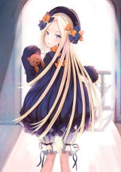 Rule 34 | 1girl, abigail williams (fate), black dress, black hat, blonde hair, bloomers, blush, bow, bug, butterfly, commentary request, day, dress, fate/grand order, fate (series), forehead, hair bow, hat, highres, hugging object, indoors, insect, kneepits, long hair, long sleeves, looking at viewer, looking back, orange bow, parted bangs, parted lips, purple bow, purple eyes, railing, sleeves past wrists, solo, stuffed animal, stuffed toy, sunlight, teddy bear, toki (yoyobozi), underwear, very long hair, white bloomers