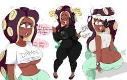 Rule 34 | 1girl, ass, belly, blush, breasts, butt crack, closed eyes, dark-skinned female, dark skin, eyebrows, female focus, green hair, heart, highres, jinu (jinusenpai), looking back, marina (splatoon), mole, nintendo, octoling, open mouth, pants, shirt, simple background, solo, splatoon (series), splatoon 2, stomach, suction cups, tentacle hair, text focus, underboob, white background, white shirt