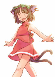 Rule 34 | 1girl, :d, adapted costume, animal ear fluff, animal ears, armpits, backlighting, bare arms, bare shoulders, black tail, blush, brown hair, cat ears, cat girl, cat tail, chen, chinese clothes, earrings, eyes visible through hair, fang, feet out of frame, from side, green hat, hat, high collar, hoop earrings, jewelry, looking at viewer, looking to the side, mandarin collar, miniskirt, mob cap, multiple tails, nekomata, no nose, open hands, open mouth, outstretched arms, rangycrow, red skirt, short hair, simple background, single earring, skirt, skirt set, sleeveless, smile, solo, sunlight, tail, touhou, two tails, walking, white background, | |