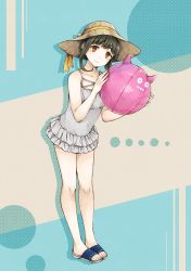 Rule 34 | 1girl, alternate costume, ball, beachball, blue footwear, blush, bob cut, brown eyes, casual one-piece swimsuit, closed mouth, collarbone, full body, green hair, hat, highres, holding, holding ball, kantai collection, leaning forward, looking at viewer, miroku san-ju, one-piece swimsuit, patterned background, short hair, short hair with long locks, sidelocks, slippers, smile, solo, striped clothes, striped one-piece swimsuit, sun hat, swimsuit, takanami (kancolle)