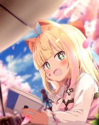 Rule 34 | + +, 1girl, absurdres, ahoge, animal ears, blunt bangs, blurry, blurry background, blush, book, bow, cat, cat ears, cherry blossoms, dress, falling petals, fang, green eyes, hair bow, hand on own cheek, hand on own face, heart, highres, holding, holding book, long sleeves, marking on cheek, open mouth, outdoors, petals, pink dress, red bow, shiro9jira, solo, star-shaped pupils, star (symbol), symbol-shaped pupils, umbrella, vignetting, vrchat